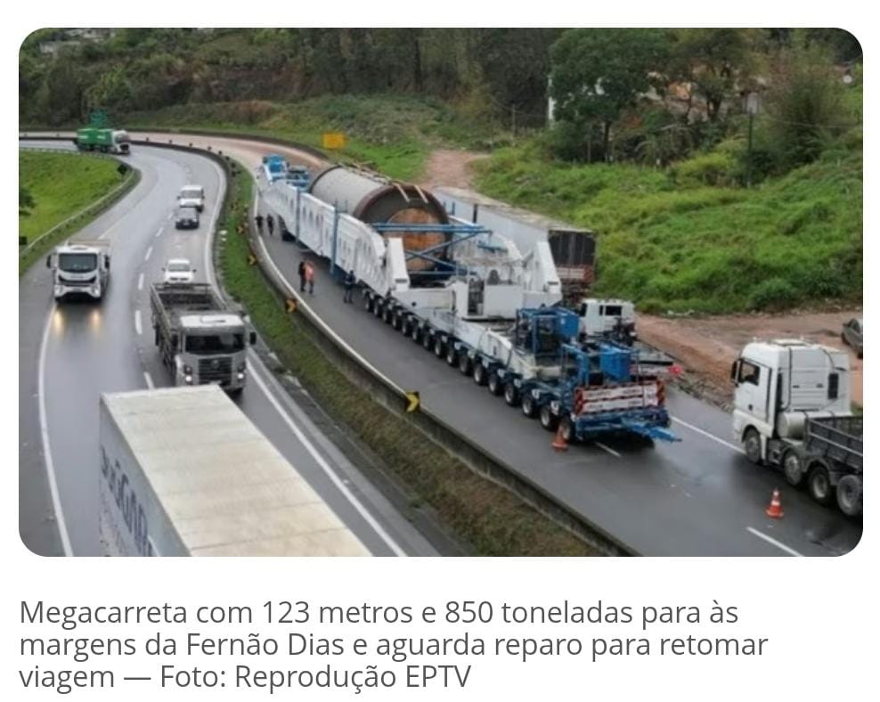 Megacarreta com 123 metros e 850 toneladas para às margens da Fernão Dias e aguarda reparo para retomar viagem; entenda Comboio que carrega peça industrial gigante interditou pista por 24 horas, causando congestionamento de 15 quilômetros.